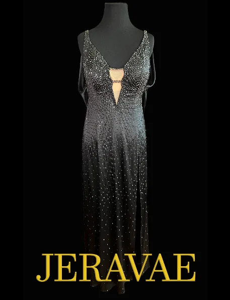 Black Smooth Ballroom Dress Covered in Crystals with Open Back, High Slit in Skirt, and Back Draped Detail Sz S Smo159 Black Smooth Ballroom Dress Covered in Crystals with Open Back, High Slit in Skirt, and Back Draped Detail Sz S Smo159