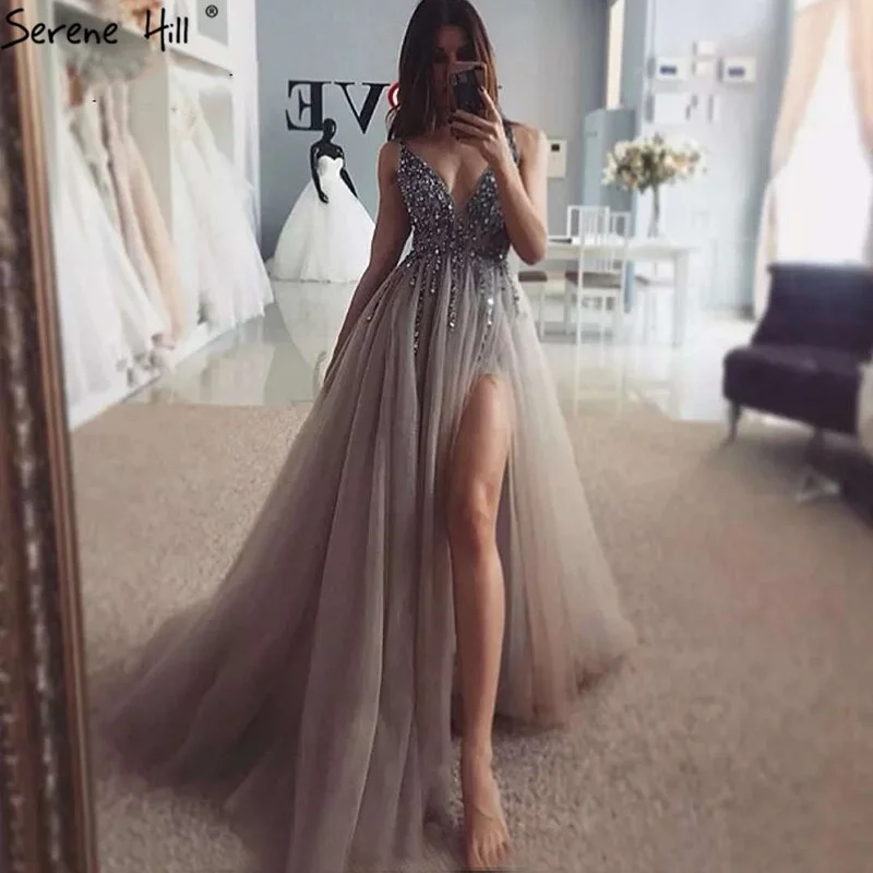 On Sale no return no refundSale Grey Backless A-Line V Neck Sleeveless Evening Dressese Beading Diamonds Sexy Evening Gowns Design 2025 Serene Hill LA70168