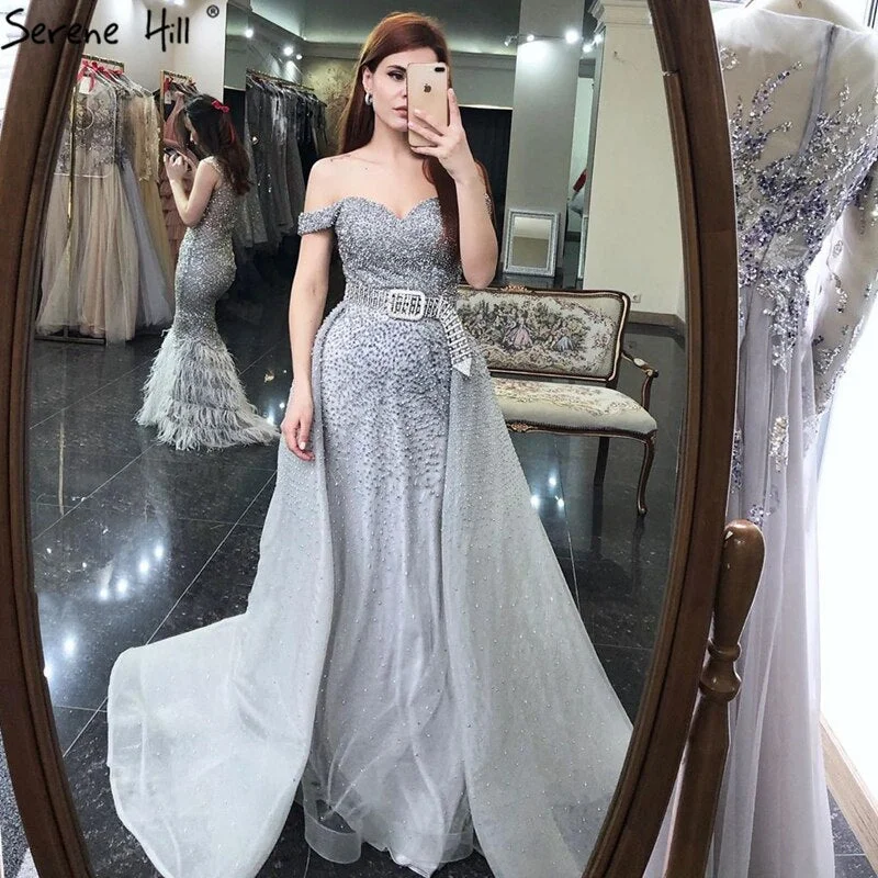 On Sale no return no refundDubai Grey Mermaid Luxury Sleeveless Evening Dresses 2025 Off Shoulder Sexy Formal Dress  Design Serene Hill LA70602