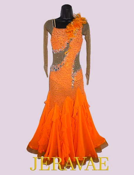 Resale Orange Ballroom Dress with Nude Long Mesh Sleeves, Waist Inserts, Stones, and Three-Dimensional Asymmetrical Ruffle Sz XS Smo500 Resale Orange Ballroom Dress with Nude Long Mesh Sleeves, Waist Inserts, Stones, and Three-Dimensional Asymmetrical Ruffle Sz XS Smo500
