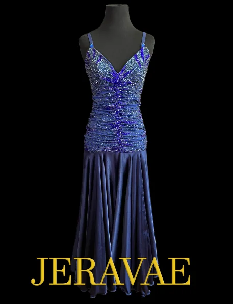 Sleeveless Navy Blue Smooth Ballroom Dress with Ruching, Heavily Stoned Bodice, and Satin Skirt Sz S Smo152 Sleeveless Navy Blue Smooth Ballroom Dress with Ruching, Heavily Stoned Bodice, and Satin Skirt Sz S Smo152