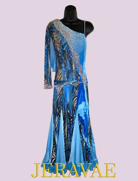 Zebra and Snake Skin Print Blue Smooth Ballroom Dress with One Long Sleeve, Ruching, and Asymmetrical Neckline Smo149 Sz S Zebra and Snake Skin Print Blue Smooth Ballroom Dress with One Long Sleeve, Ruching, and Asymmetrical Neckline Smo149 Sz S