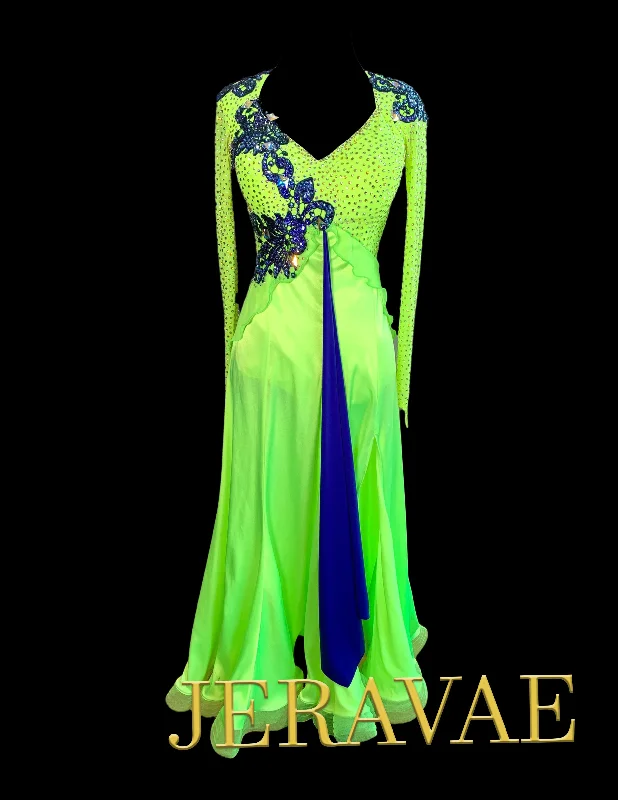 Lime Green Long Sleeve Smooth Ballroom Dress with Blue Lace Applique, Swarovski Stones, Blue Sash, and Exposed Horsehair Hem Sz XS Smo202 Lime Green Long Sleeve Smooth Ballroom Dress with Blue Lace Applique, Swarovski Stones, Blue Sash, and Exposed Horsehair Hem Sz XS Smo202
