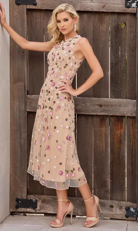 Primavera Couture 13159 - Floral Beaded A-Line Tea-Length Dress