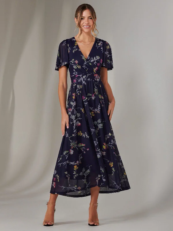 Mesh Short Sleeve Midaxi Dress, Navy Pink Multi