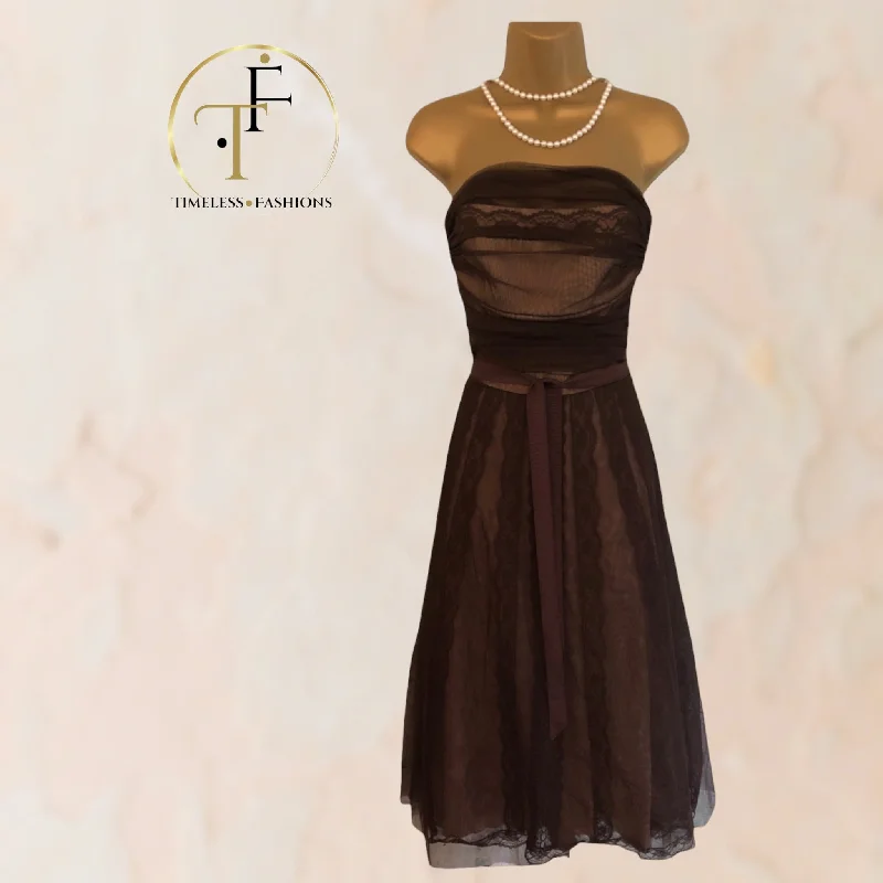 BCBG MAXAZRIA Brown Tulle Fit & Flare Strapless Cocktail Dress UK 10 US 6 EU 38