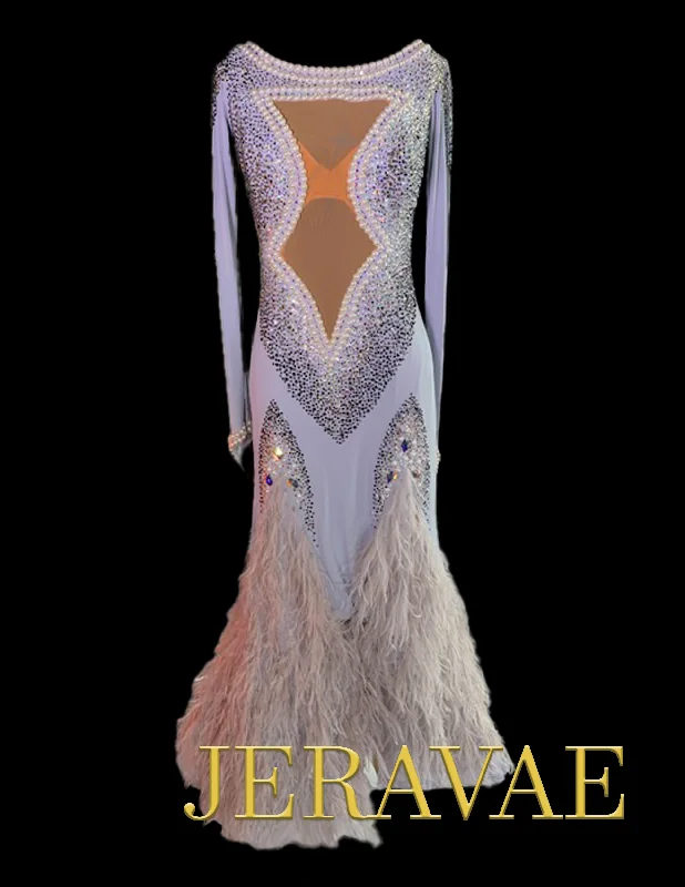 Resale Artistry in Motion Pale Purple/Gray Ballroom Dress with Pearls, Swarovski Stones, Black Widow Mesh Insert on Front, Feather Gussets, and Removable Feather Floats Sz S Smo117 Resale Artistry in Motion Pale Purple/Gray Ballroom Dress with Pearls, Swarovski Stones, Black Widow Mesh Insert on Front, Feather Gussets, and Removable Feather Floats Sz S Smo117