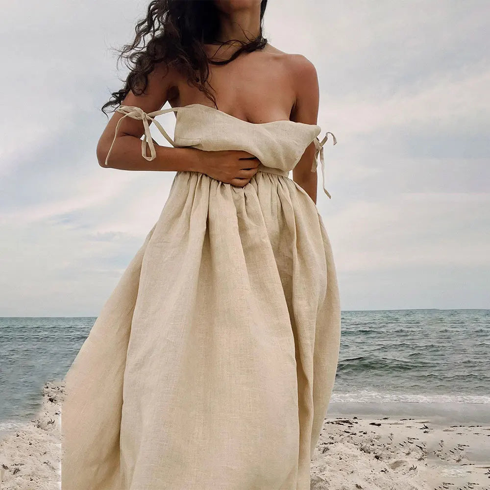 Bonnyshow Sexy Backless Beach Dress Women Elegant Cotton Spaghetti Strap Long Dresses Summer Solid Casual Loose Bohemia Holiday Dress