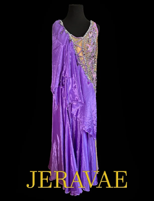 Resale Artistry in Motion Sleeveless Lavender Ballroom Dress with Capelet Feature, Stoned Nude Mesh Side Insert, and Lace Appliqué Sz XL/2XL Smo164