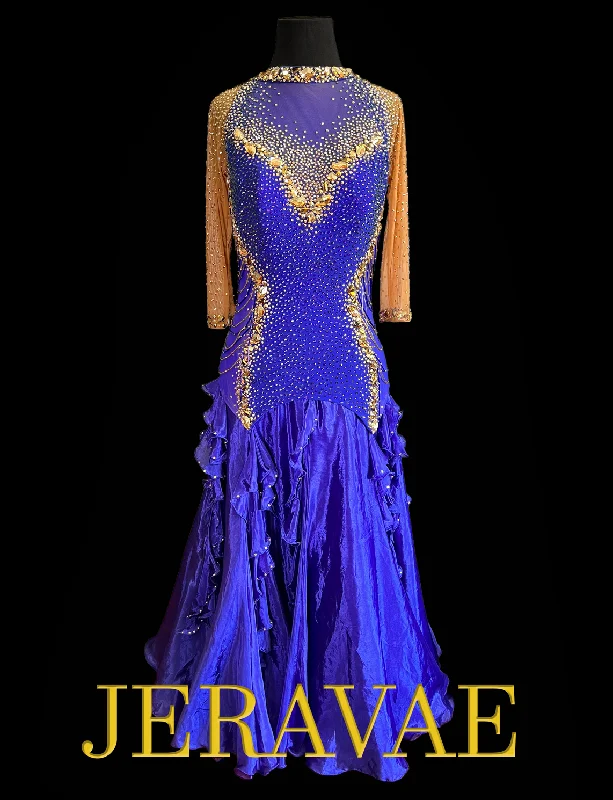 Resale Artistry in Motion Cobalt Smooth Ballroom Dress with Gold Swarovski Stones, Bugle Beads, and Ruffles on Skirt Sz M Smo163 Resale Artistry in Motion Cobalt Smooth Ballroom Dress with Gold Swarovski Stones, Bugle Beads, and Ruffles on Skirt Sz M Smo163