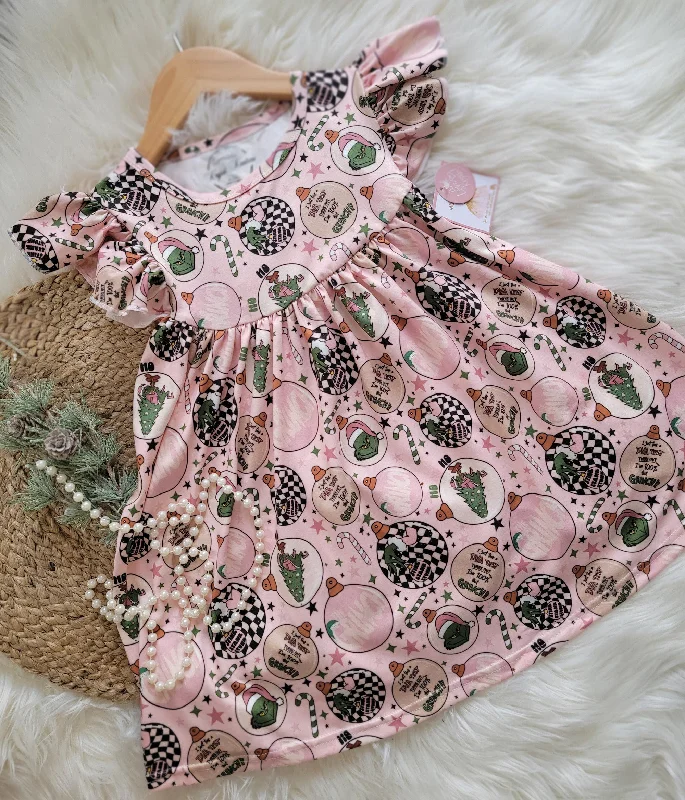 Christmas Girl Fun Character Dress - Pink Check Grinch Balls
