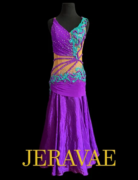 Resale Artistry in Motion Smooth or Standard Purple Ballroom Dress with Turquoise Lace Appliqué and Detachable Float Sz S Smo151 Resale Artistry in Motion Smooth or Standard Purple Ballroom Dress with Turquoise Lace Appliqué and Detachable Float Sz S Smo151