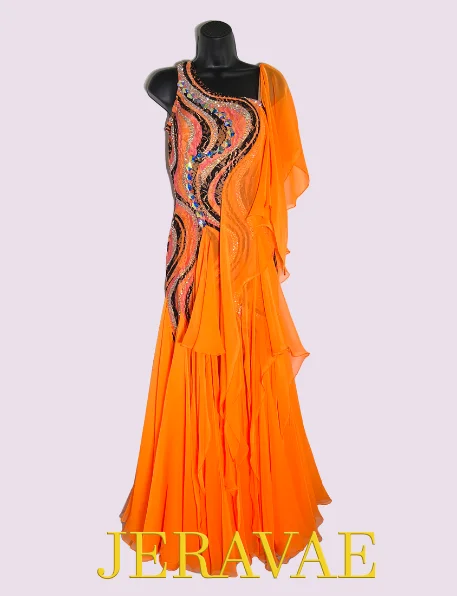 Sleeveless Orange Smooth Ballroom Dress with Lace, Swarovski Stones, Chiffon Skirt, and Semi-Open Back Sz XS Smo222 Sleeveless Orange Smooth Ballroom Dress with Lace, Swarovski Stones, Chiffon Skirt, and Semi-Open Back Sz XS Smo222