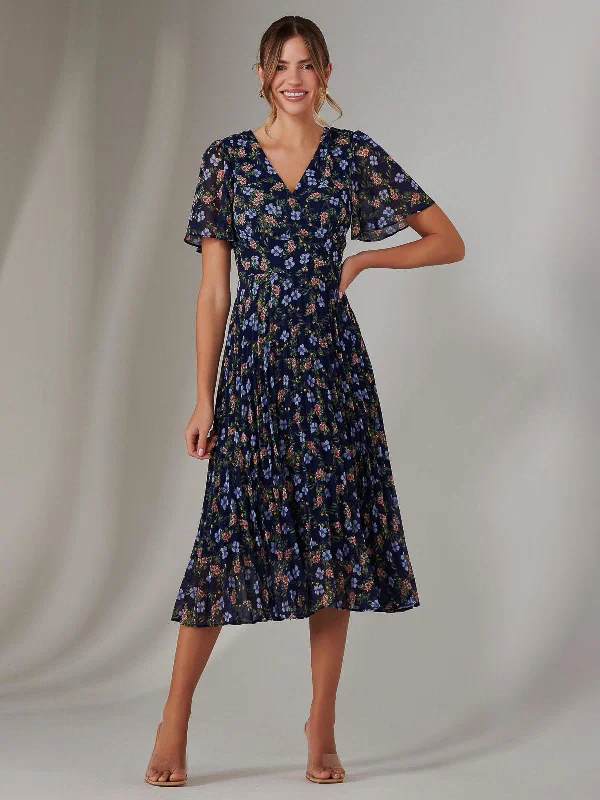 Chiffon Pleated Wrap Midaxi Dress, Navy Blue Multi
