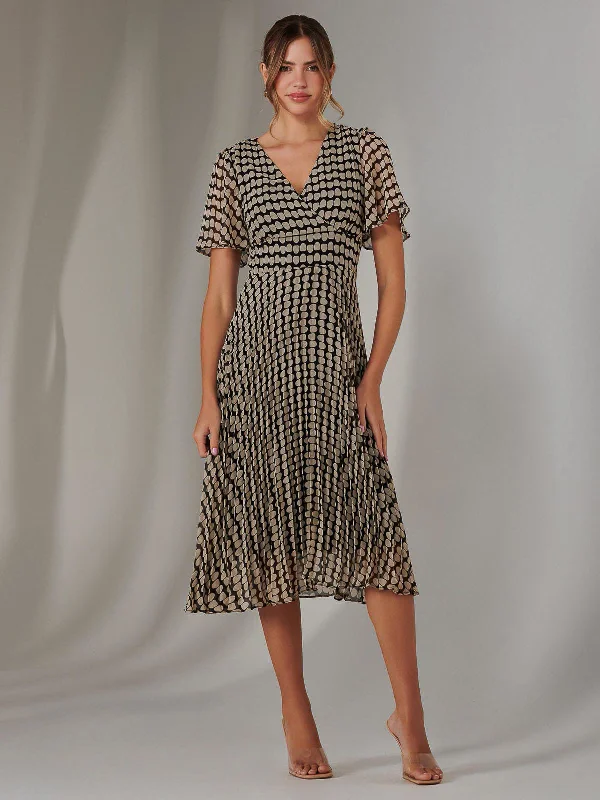 Chiffon Pleated Wrap Midaxi Dress, Cream Polka Dot