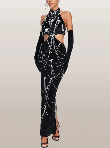 Black Velvet Halter Dress with Rhinestone Chains and Gloves