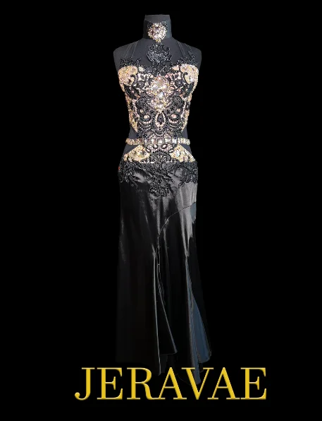 Resale Fiore Sleeveless Black Smooth Ballroom Dress with Lace Appliqué, Gold Stones, Soft Hem, and Open Back with Crisscrossing Straps Sz S Smo220 Resale Fiore Sleeveless Black Smooth Ballroom Dress with Lace Appliqué, Gold Stones, Soft Hem, and Open Back with Crisscrossing Straps Sz S Smo220