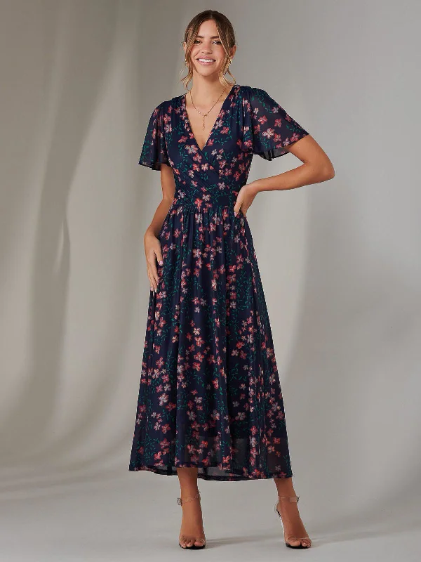 Mesh Short Sleeve Midaxi Dress, Navy Floral