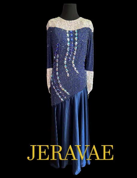 Resale Artistry in Motion Navy Blue Long Sleeve Ballroom Dress with Satin Skirt, White Lace Accents, and Closed Back Sz M Smo154 Resale Artistry in Motion Navy Blue Long Sleeve Ballroom Dress with Satin Skirt, White Lace Accents, and Closed Back Sz M Smo154
