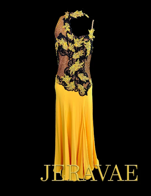 Resale Artistry in Motion Yellow Smooth Ballroom Dress with Black and Yellow Lace Appliqué, Swarovski Stones, and Semi-High Collar Sz M/L Smo203