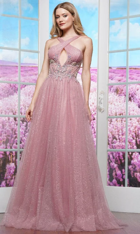 Colors Dress 3514 - Crossed Halter Glitter Prom Dress