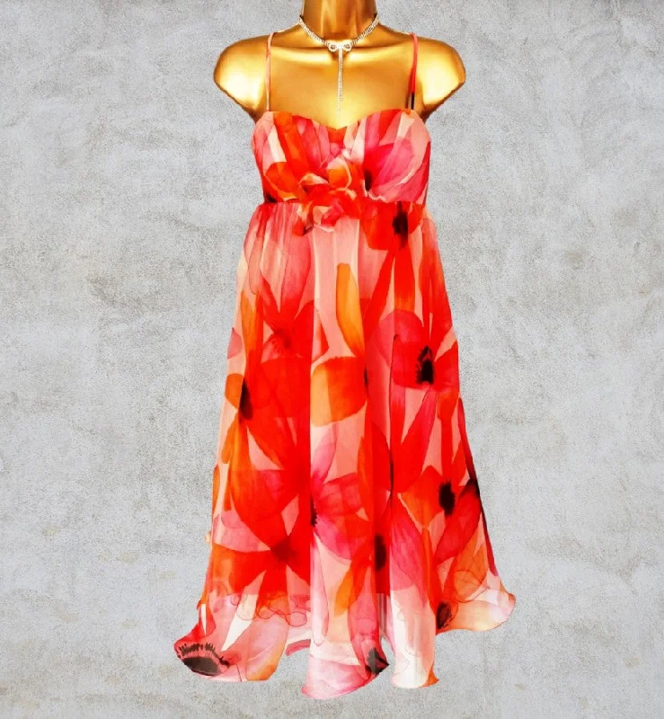 Peach & Orange Floral Silk Prom Dress UK 12 US 8 EU 40