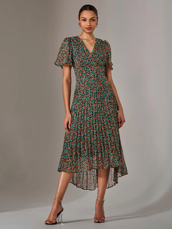 Charlotte Pleated Chiffon Midaxi Dress, Black Multi
