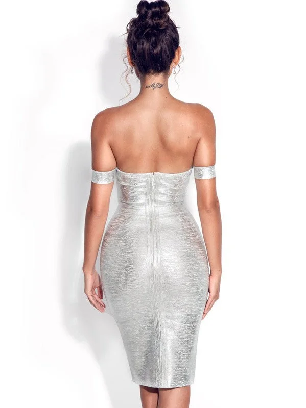 Irreplaceable Off Shoulder Bandage Dress Silver