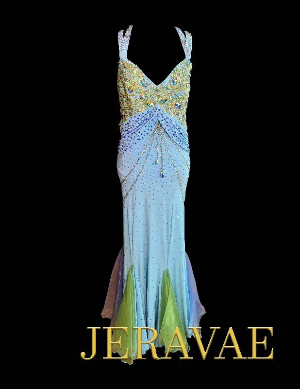 Pale Blue Ballroom Dress with Green and Purple Gussets, Double Strap Design Across the Back, Chain Detail, and Heavy Stones by Fiore Sz M Smo209 Pale Blue Ballroom Dress with Green and Purple Gussets, Double Strap Design Across the Back, Chain Detail, and Heavy Stones by Fiore Sz M Smo209