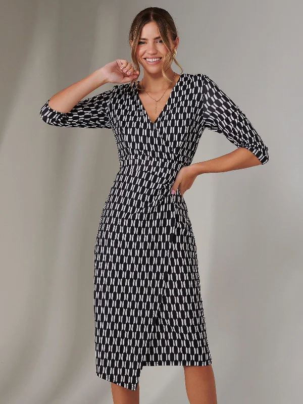 3/4 Sleeve Wrap Shift Dress, Black Geo