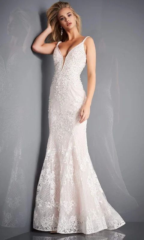 Jovani 66792 - Deep V Neck Embroidered Formal Trumpet Dress