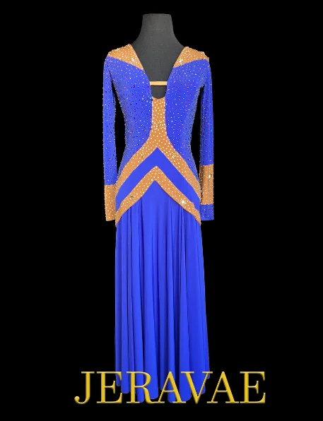 Deep Blue Long Sleeve Smooth Ballroom Dress with Caramel Accents, Stones, Soft Hem, and Semi-Open Back Sz S Smo215 Deep Blue Long Sleeve Smooth Ballroom Dress with Caramel Accents, Stones, Soft Hem, and Semi-Open Back Sz S Smo215
