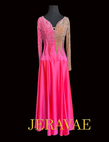 Hot Pink and Nude Long Sleeve Smooth Ballroom Dress with Semi-Open Back, Heavy Stoning on Bodice, and Soft Hem Sz S/M Smo211 Hot Pink and Nude Long Sleeve Smooth Ballroom Dress with Semi-Open Back, Heavy Stoning on Bodice, and Soft Hem Sz S/M Smo211
