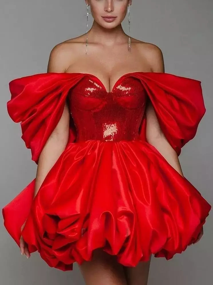 Draped Off-The-Shoulder Red Sequin Fit and Flared Dress