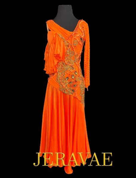 Resale Artistry in Motion Bright Orange Smooth Ballroom Dress with Gold Lace Appliqué, One Long Sleeve, Ruffle Detail, and Swarovski Stones Sz S Smo119 Resale Artistry in Motion Bright Orange Smooth Ballroom Dress with Gold Lace Appliqué, One Long Sleeve, Ruffle Detail, and Swarovski Stones Sz S Smo119