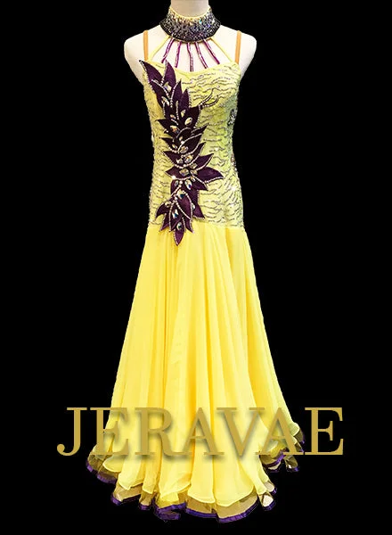 Sunshine Yellow Smooth Ballroom Dress with Purple Accents and Halter Collar SZ L Smo210 Sunshine Yellow Smooth Ballroom Dress with Purple Accents and Halter Collar SZ L Smo210