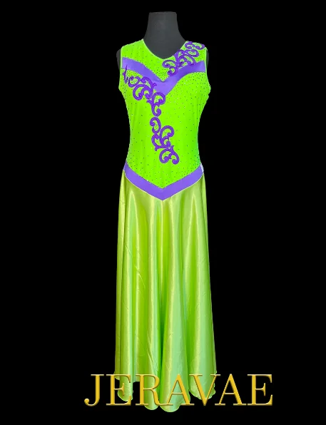 Neon Lime Green Sleeveless Smooth Ballroom Dress with Purple Lace Appliqué, Stones, Keyhole Back, and Soft Hem Sz S/M Smo213 Neon Lime Green Sleeveless Smooth Ballroom Dress with Purple Lace Appliqué, Stones, Keyhole Back, and Soft Hem Sz S/M Smo213