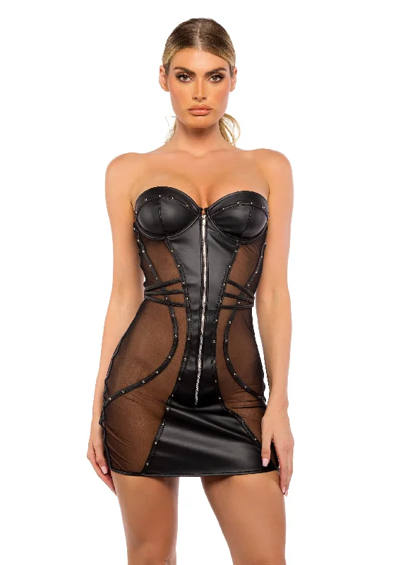 Sexy Black Leather & Mesh Balconette Cup Party Club Dress