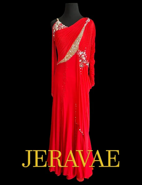 Red Ballroom Dress with One Long Sleeve, One Sash/Float Sleeve, and Nude Mesh Accents Sz M Smo155 Red Ballroom Dress with One Long Sleeve, One Sash/Float Sleeve, and Nude Mesh Accents Sz M Smo155
