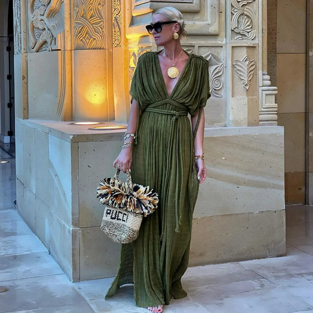 Bonnyshow Green Bohemia Holiday Dress Women Elegant Solid Casual Loose Long Dresses Summer Sexy 2 Side Split Backless Beach Dress