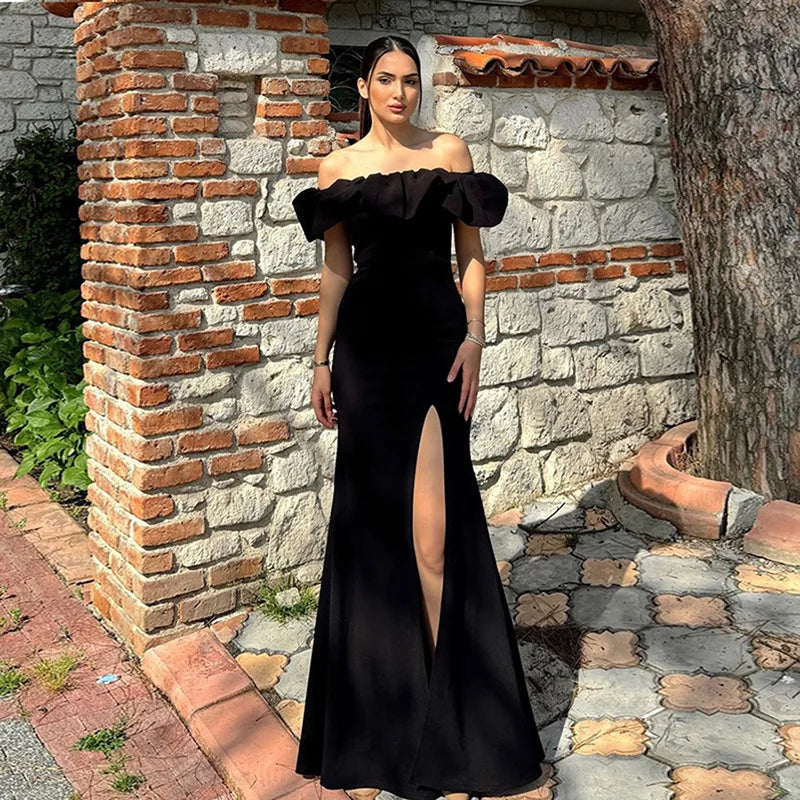 Bonnyshow new autumn style fashionable elegant temperament sexy one-shoulder high-waist slim slit dress for women