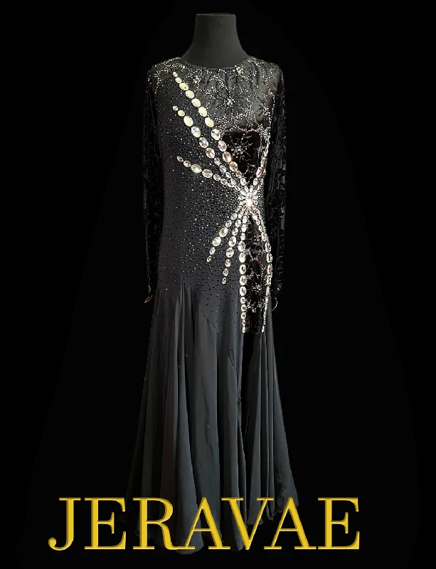 Resale Artistry in Motion Black Smooth Ballroom Dress with Long Sleeves, High Slit, Velvet Accents, and Swarovski Crystals Sz M/L Smo162 Resale Artistry in Motion Black Smooth Ballroom Dress with Long Sleeves, High Slit, Velvet Accents, and Swarovski Crystals Sz M/L Smo162