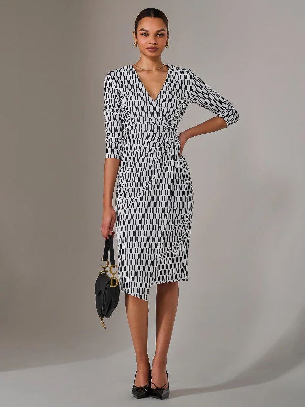 3/4 Sleeve Wrap Shift Dress, White Geo