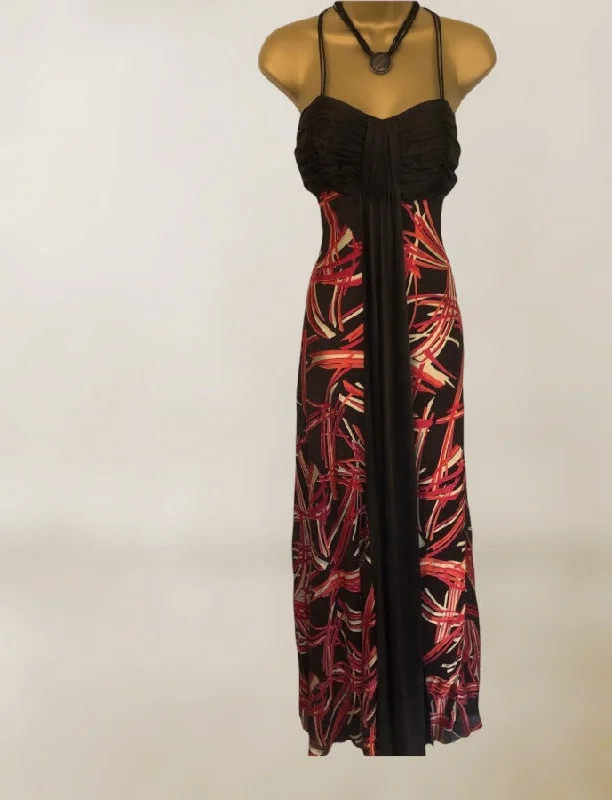 Monsoon Brown, Pink & Red Long Silk Mix Cocktail Dress UK 10 US 6 EU 38