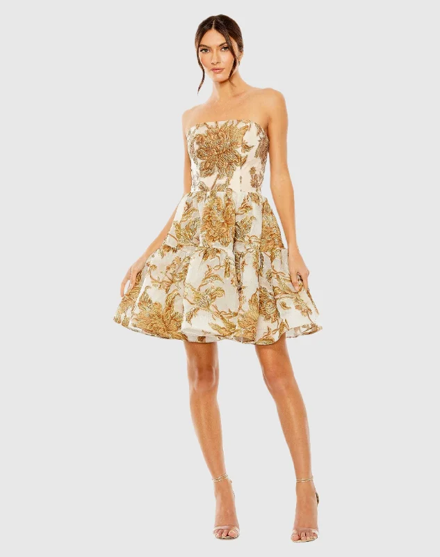 Strapless Brocade Mini Dress with Pockets Trendy Crossover Mini Dress