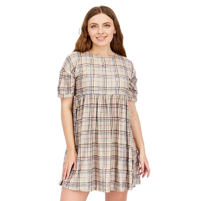 Women's Plaid Smock Mini Dress,Beige Casual High-Waist Mini Dress