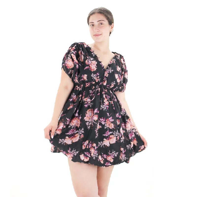 Women's Floral Button Detail Mini Dress,Black Stylish Short-Sleeve Mini Dress
