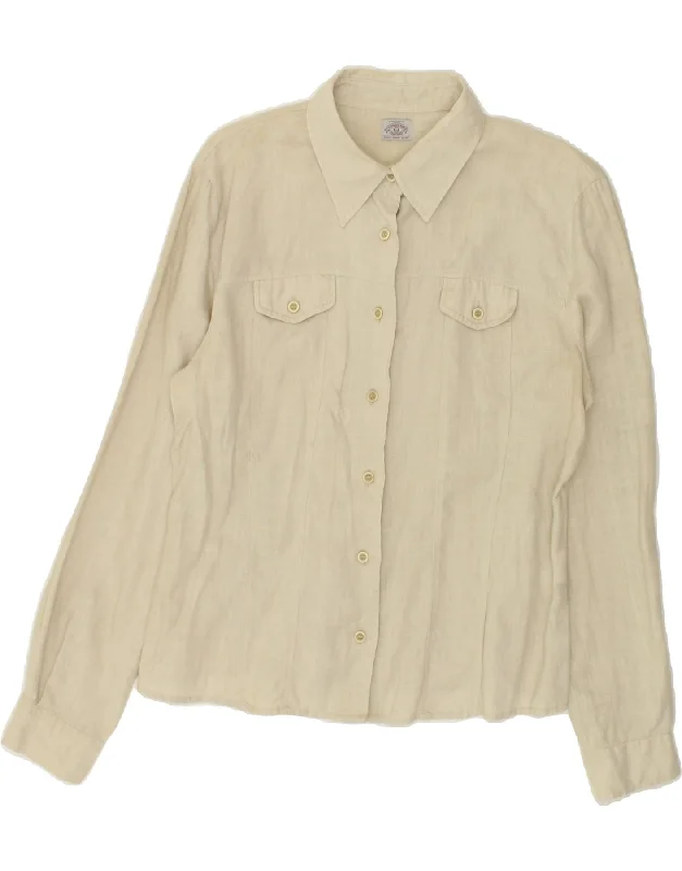 ARMANI Womens Shirt UK 12 Medium Beige Linen Elegant High-Low Short Shirt