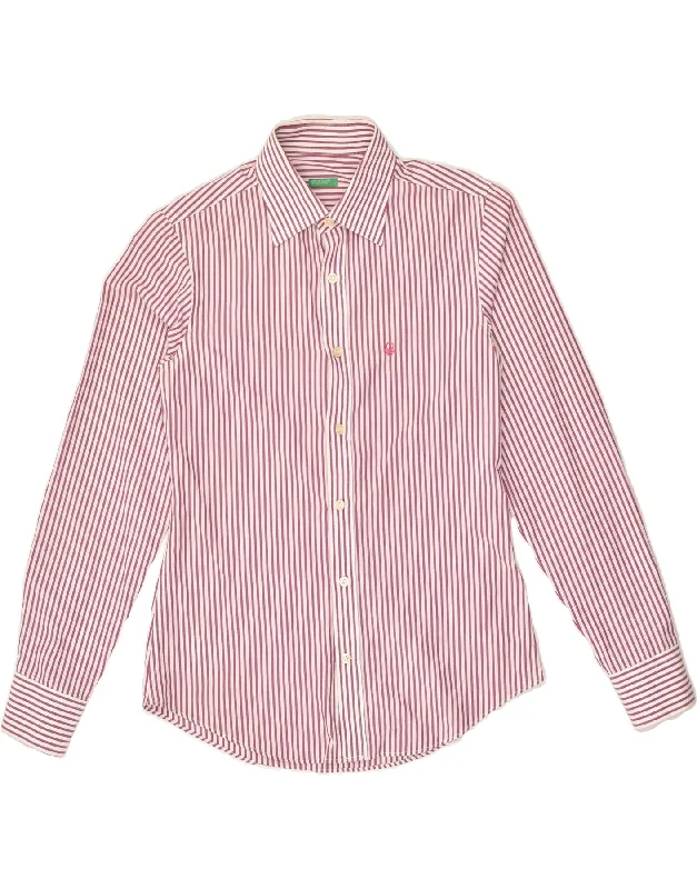 BENETTON Womens Shirt UK 14 Large Pink Striped Cotton Chic Embellished Short Sleeve