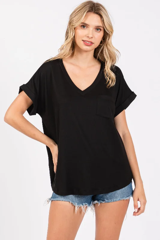 Black V-Neck Pocket Short Sleeve Shirt Relaxed Button-Down Short Shirt